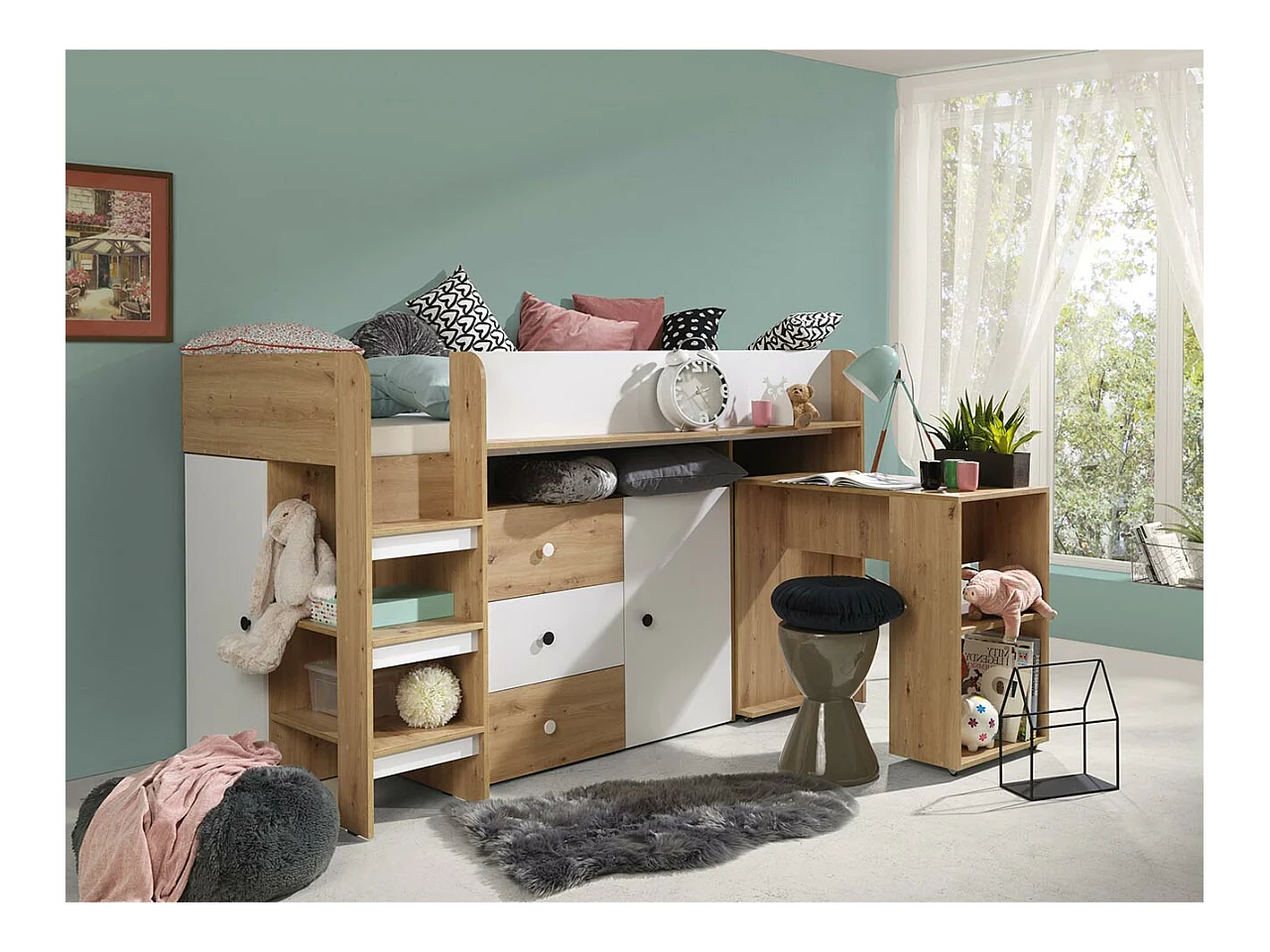 Letto alto Hartford 359, Singolo, Nocciola, 90x200, Truciolare laminato, Reti a doghe,