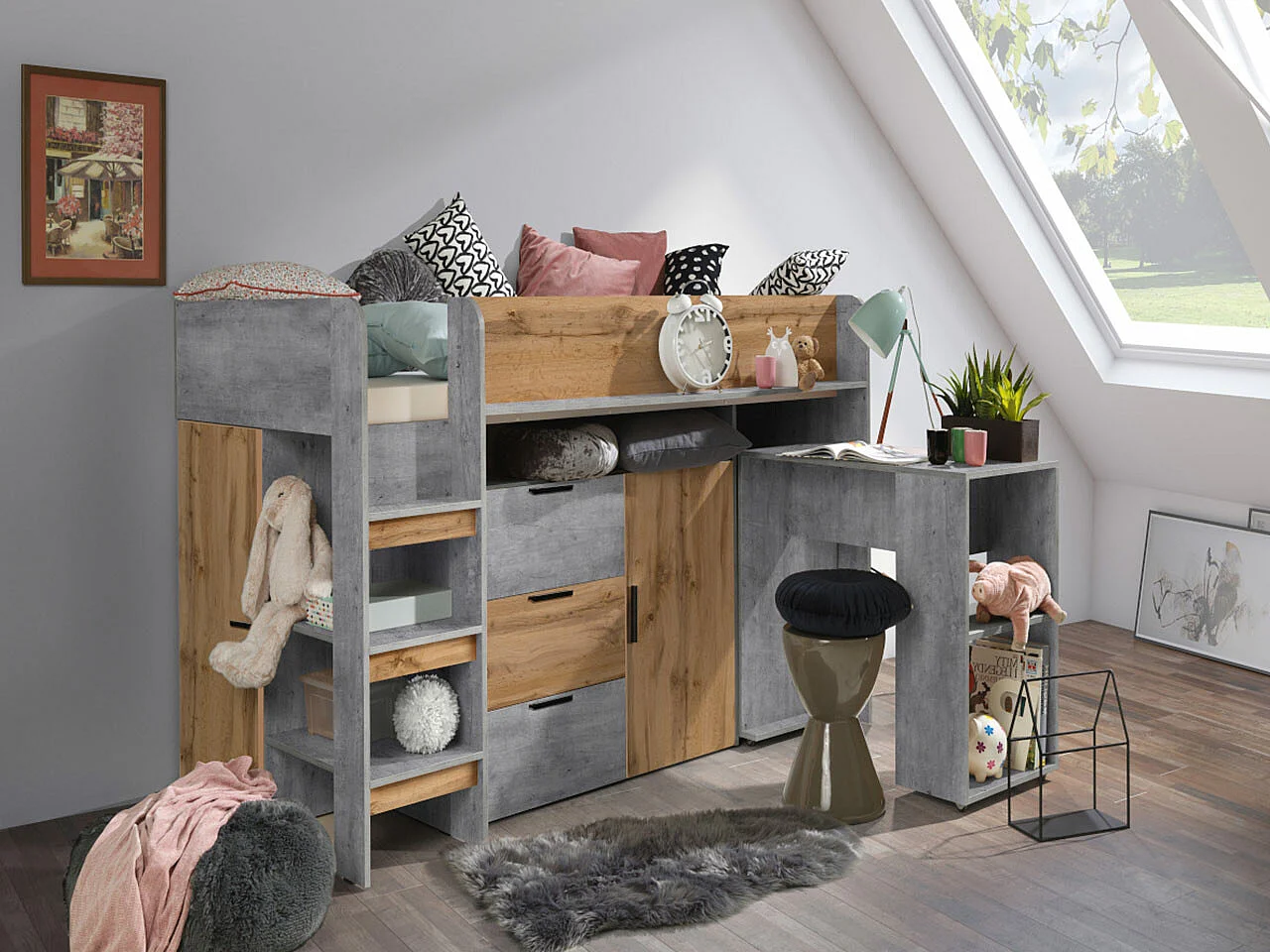 Cama alta Hartford 363, Individual, Cinzento, Estrados de cama