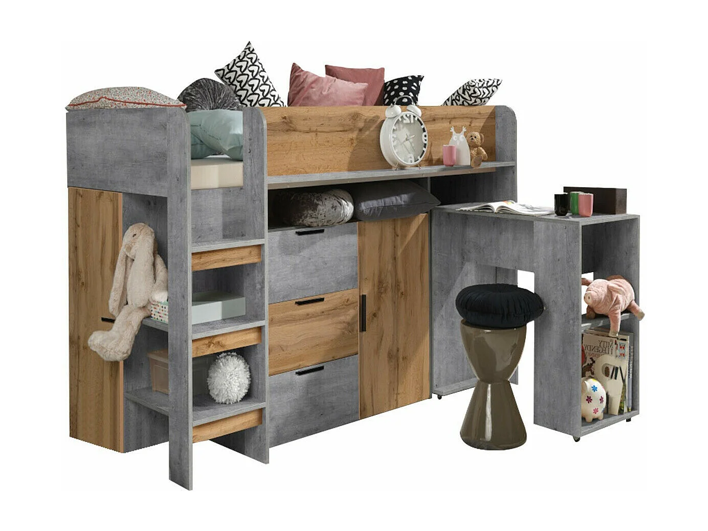 Cama alta Hartford 363, Individual, Cinzento, Estrados de cama