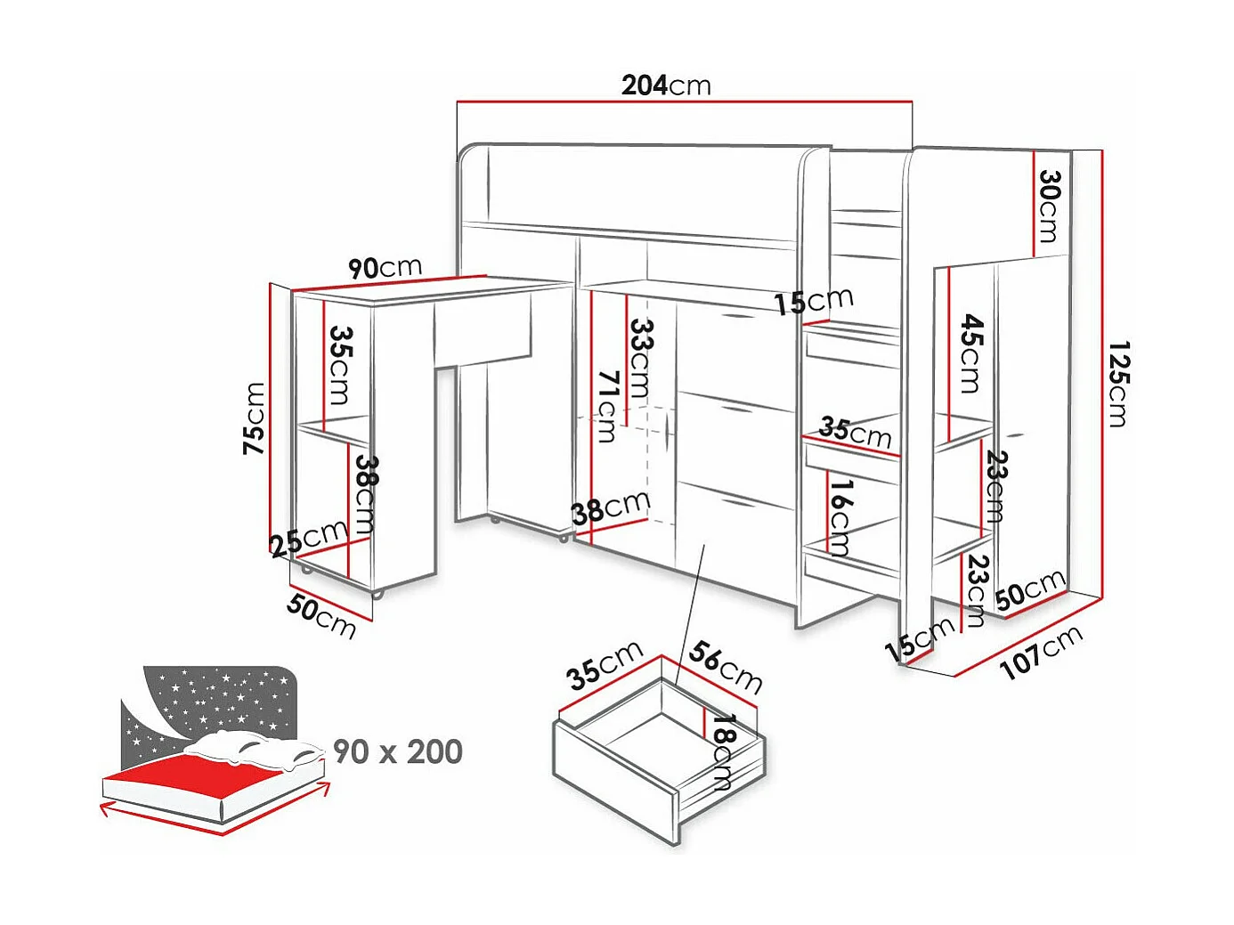 Cama alta Hartford 363, Individual, Cinzento, Estrados de cama