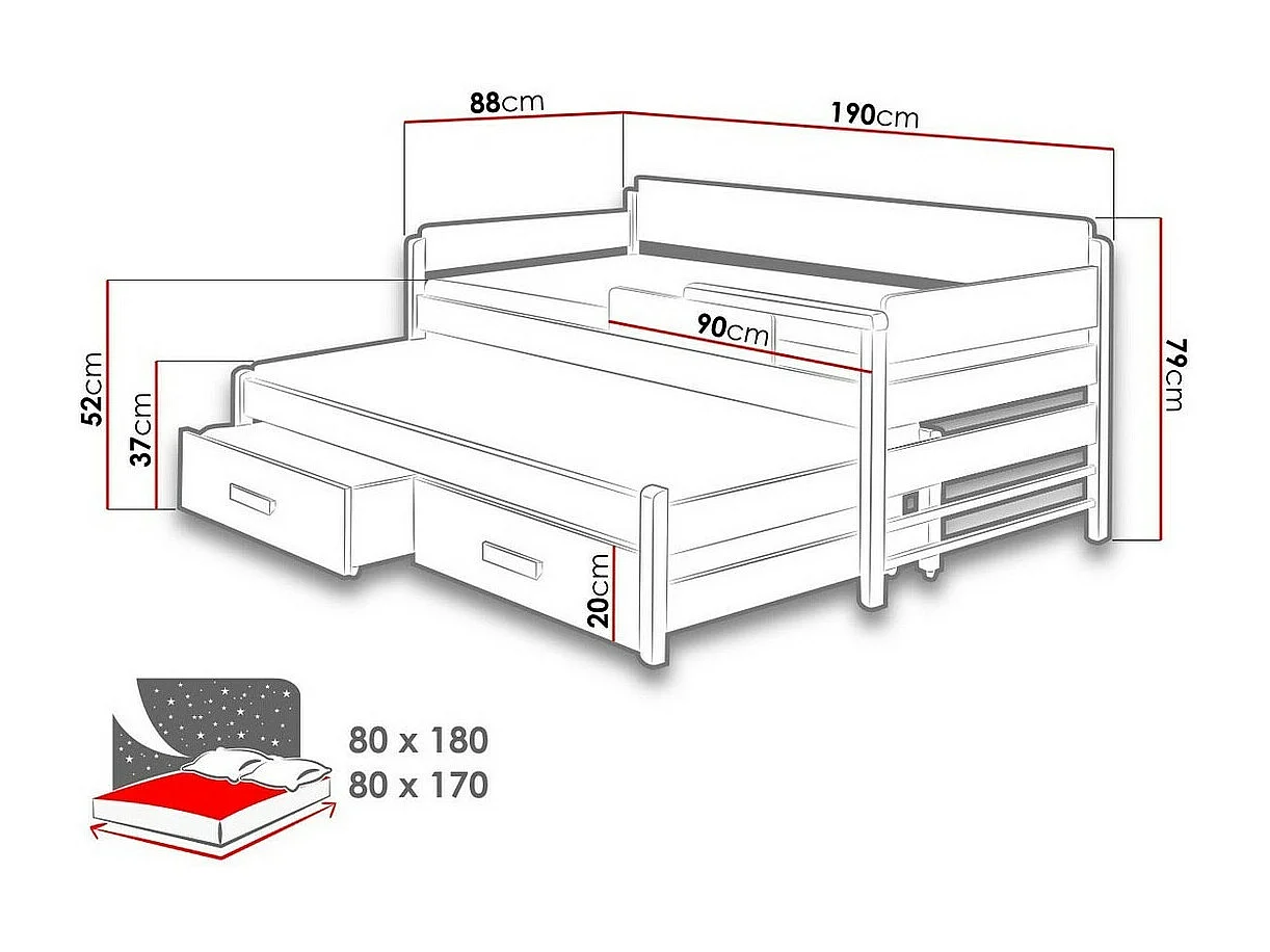 Cama Henderson 121, Individual con una cama supletoria-nido, Marrón, 80x170|80x180, 88cm
