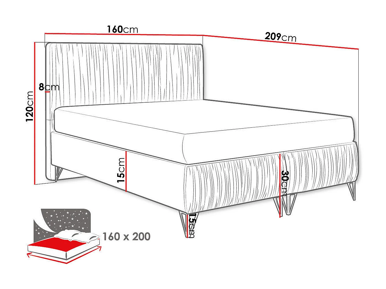 Cama Logan 112, Doble, Azul, 160x200, Tapiz, Somieres, 160x209x120cm