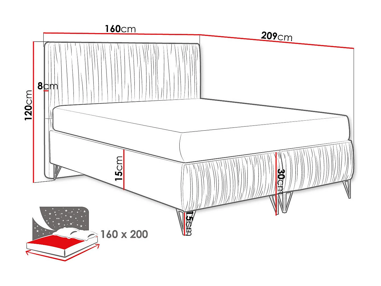 Lit continental Logan 112, Double, Bleu, 160x200, Tissu, Disponible, 160x209x120cm