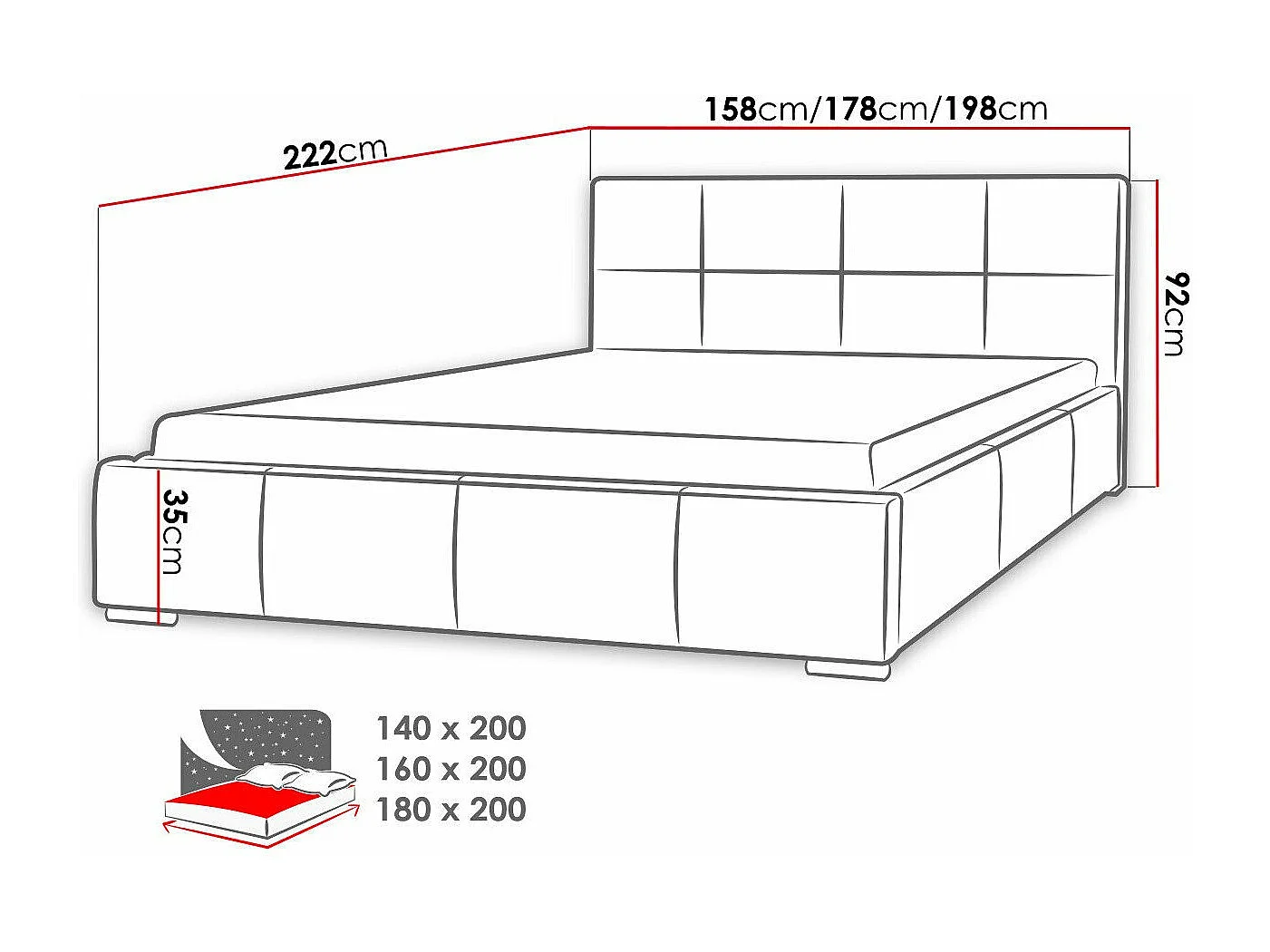 Cama Baltimore 122, Casal, Cinzento, Tecido, Estrados de cama