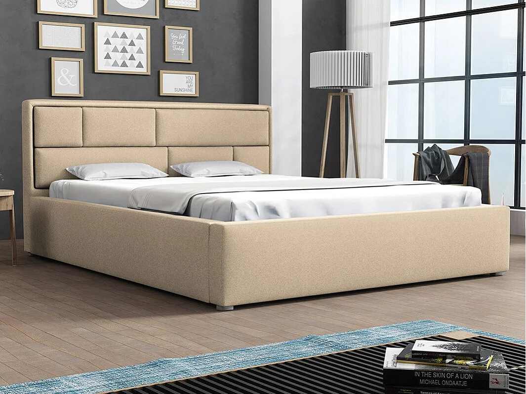 Lit Pomona 105, Double, Brun clair, 140x200, Tissu, Disponible, 160x223x93cm