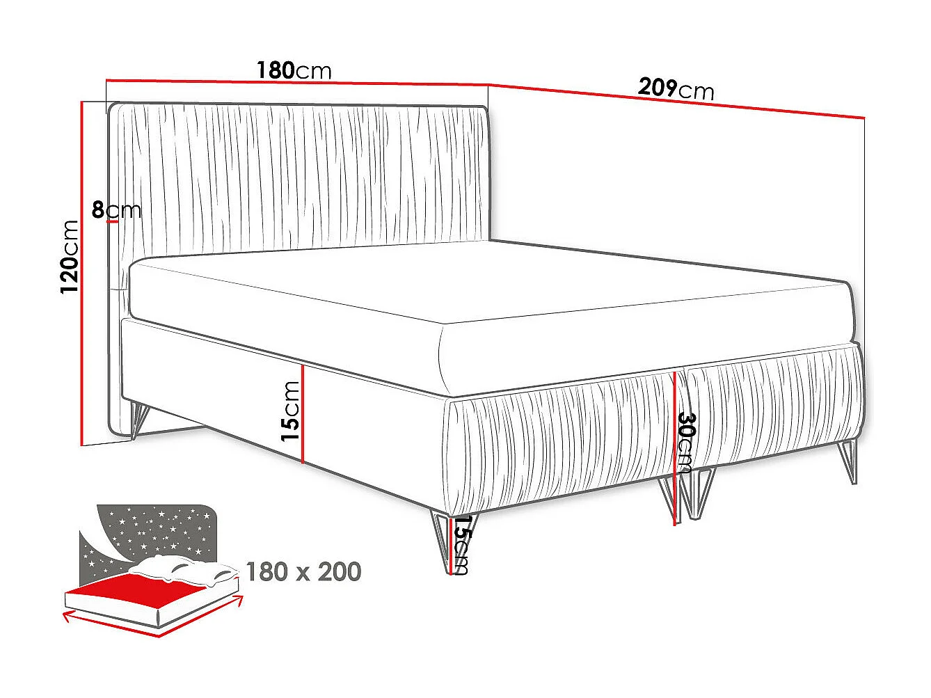 Cama continental Logan 112, Casal, Cinzento, Tecido, Estrados de cama