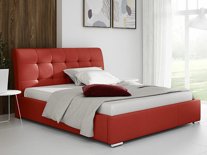 Cama Baltimore 107, Doble, Rojo, 140x200, Cuero ecológico, Somieres, 160x227x103cm