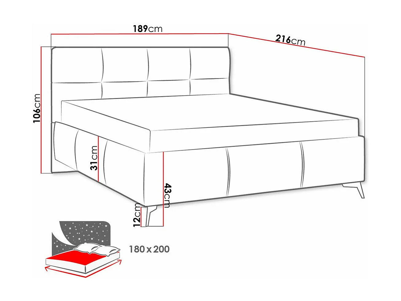 Lit ComfiDream 172, Double, Brun clair, 180x200, Tissu, Disponible, 189x216x106cm