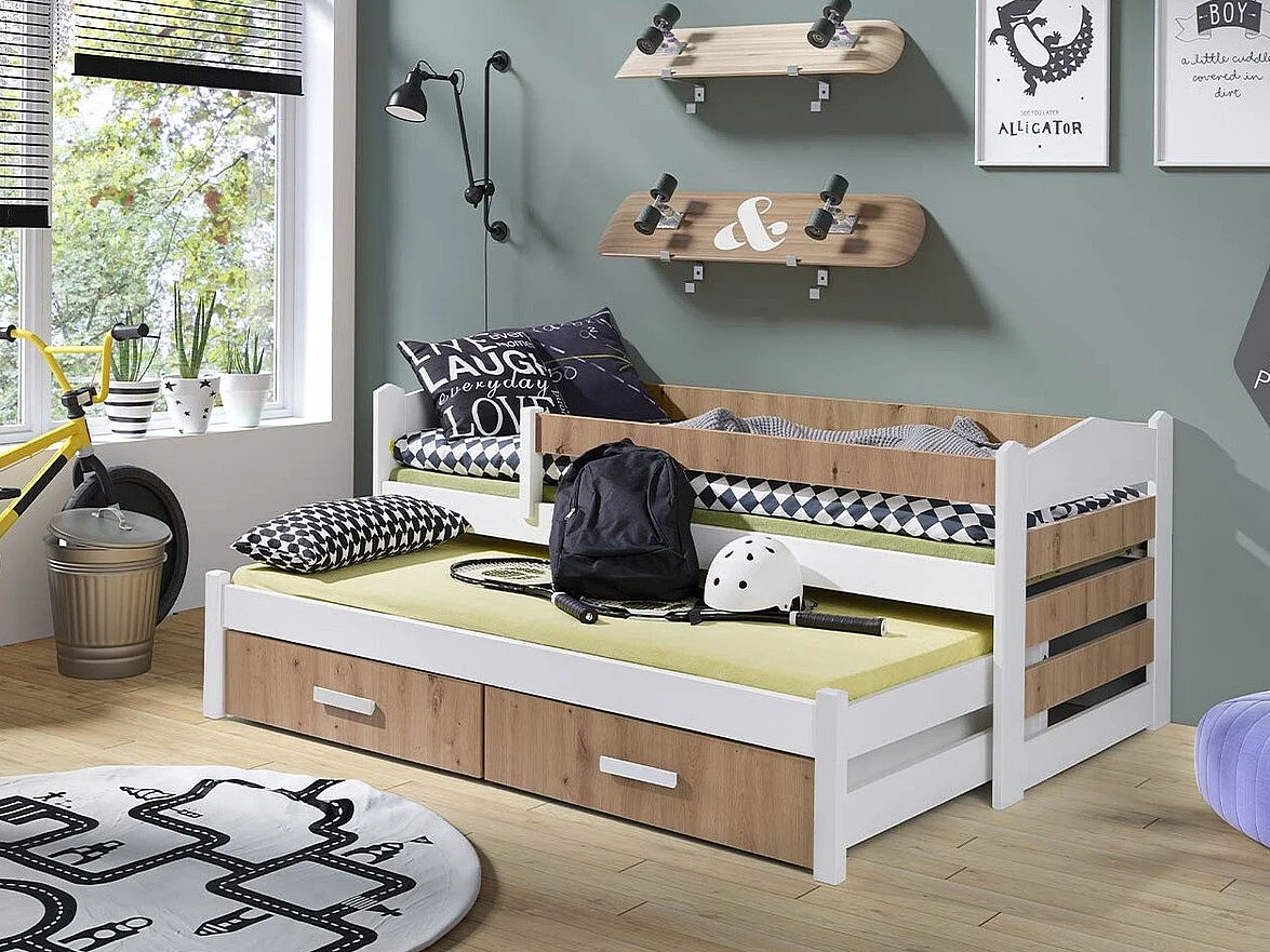 Cama Henderson 139, Individual con una cama supletoria-nido, De color marrón claro, 87cm