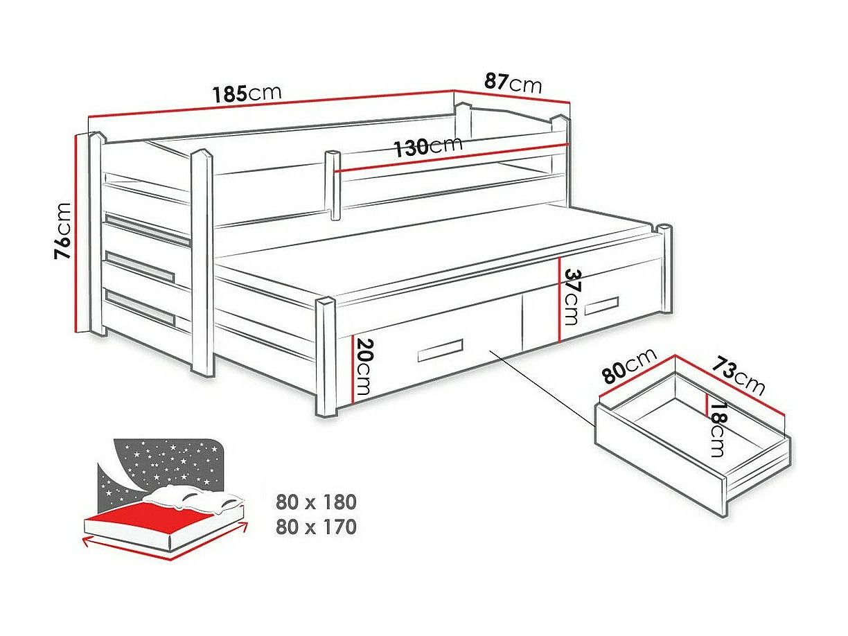 Cama Henderson 139, Individual con una cama supletoria-nido, De color marrón claro, 87cm