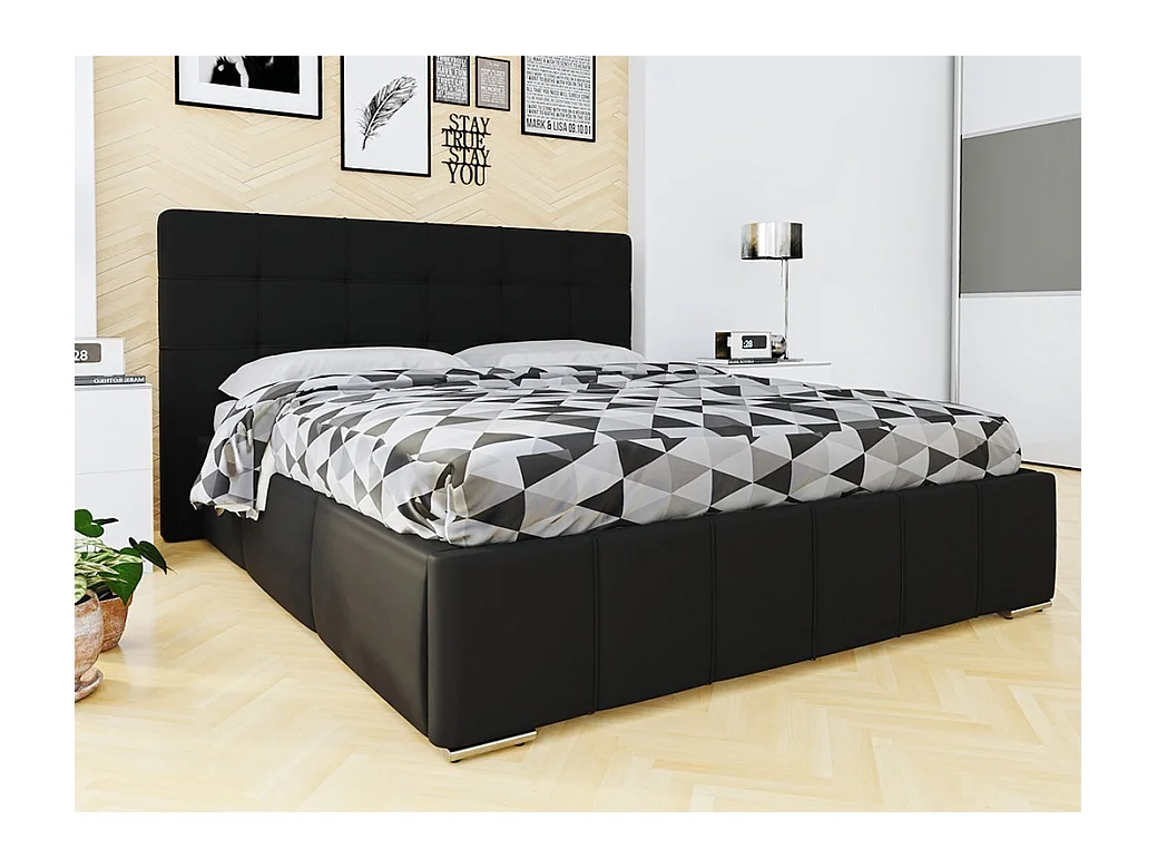 Lit Florence 100, Double, Noir, 160x200, Faux cuir, Sommier à lattes, 178x216x105cm
