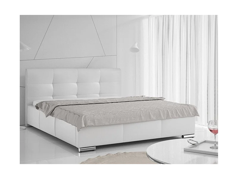 Lit Baltimore 108, Double, Blanc, 140x200, Faux cuir, Sommier à lattes, 158x222x100cm