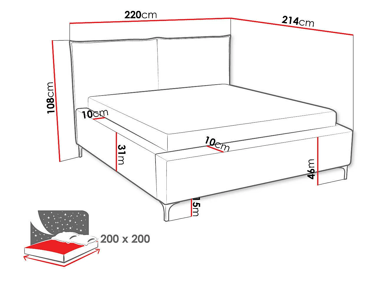 Lit Clovis 113, Double, Gris foncé, Tissu, Disponible, 22x21x11cm
