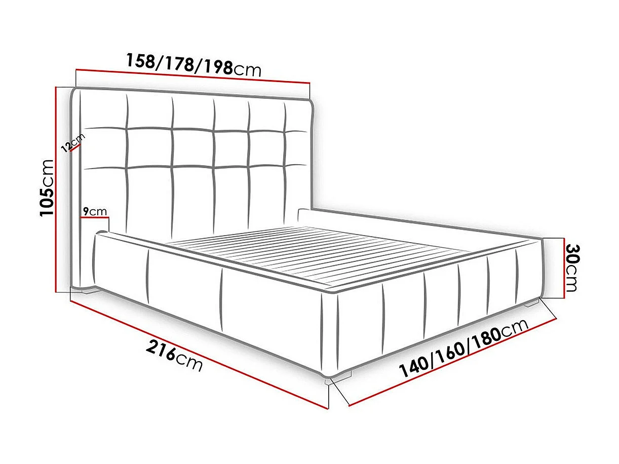 Lit Florence 100, Double, Gris, 140x200, Faux cuir, Sommier à lattes, 158x216x105cm