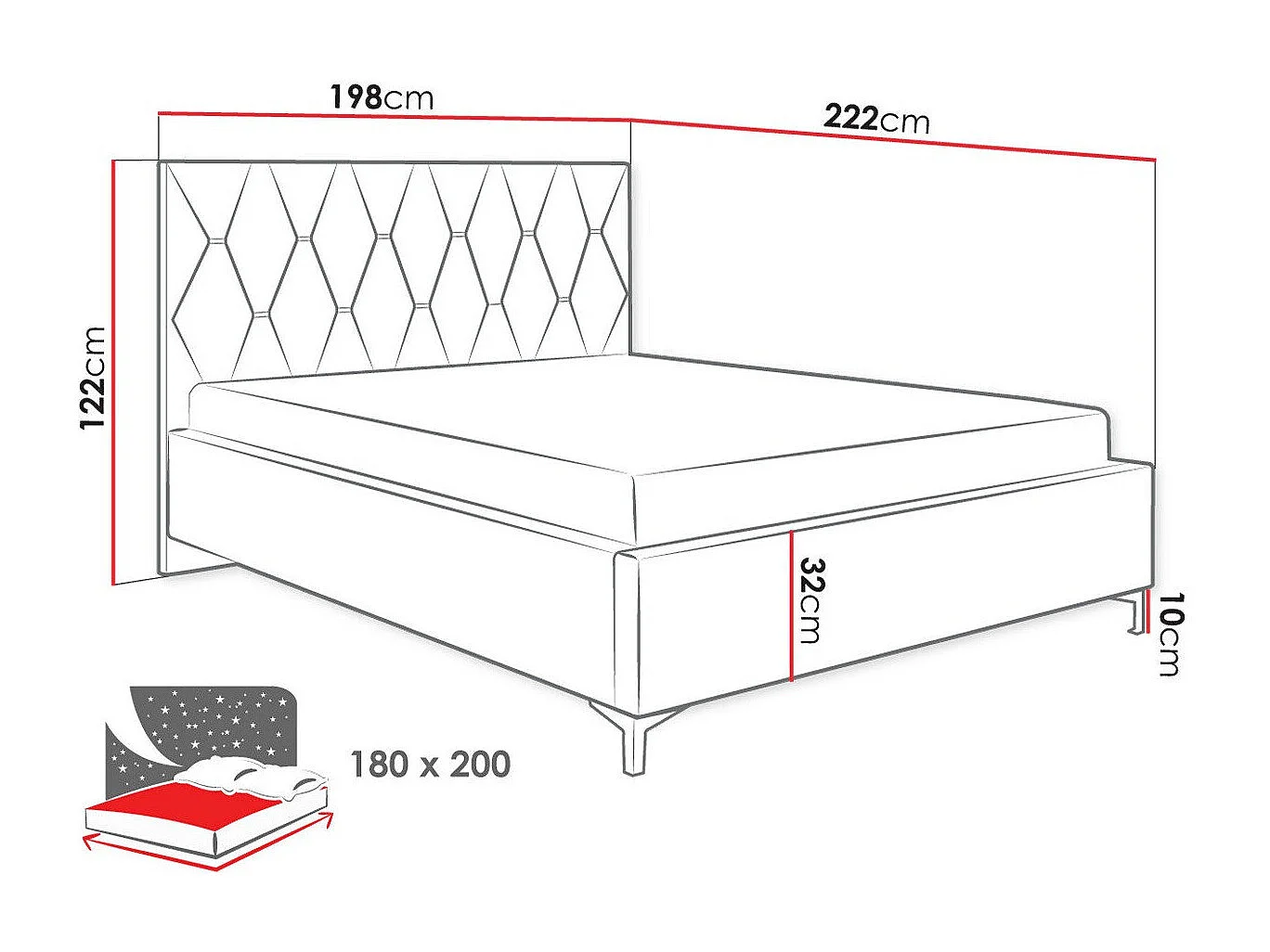 Lit Baltimore 192, Double, Rose, 180x200, Tissu, Disponible, 198x222x122cm