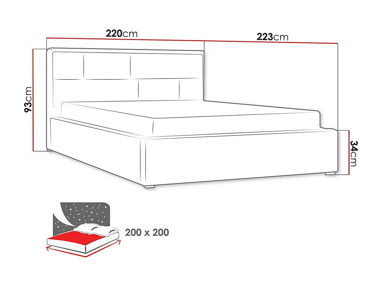 Cama Pomona 104, Doble, Gris, 200x200, Tapiz, Somieres, 220x223x93cm