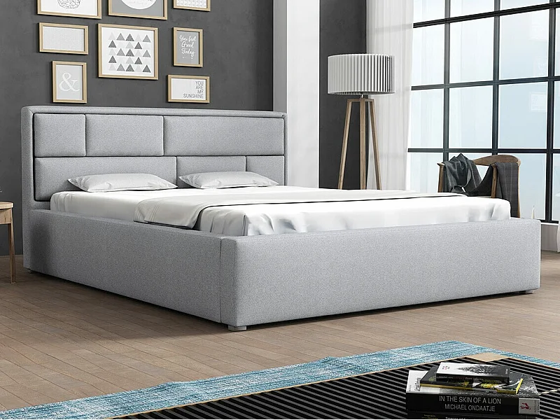 Cama Pomona 104, Doble, Gris, 200x200, Tapiz, Somieres, 220x223x93cm