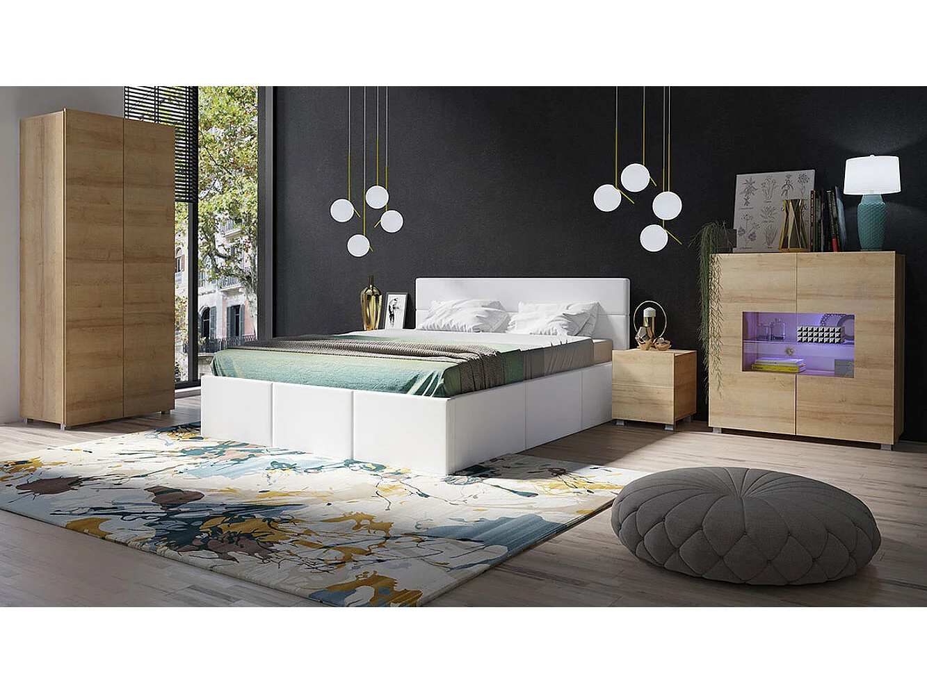 Cama Tivdalu 123, Casal, Branco, Eco couro, Estrados de cama