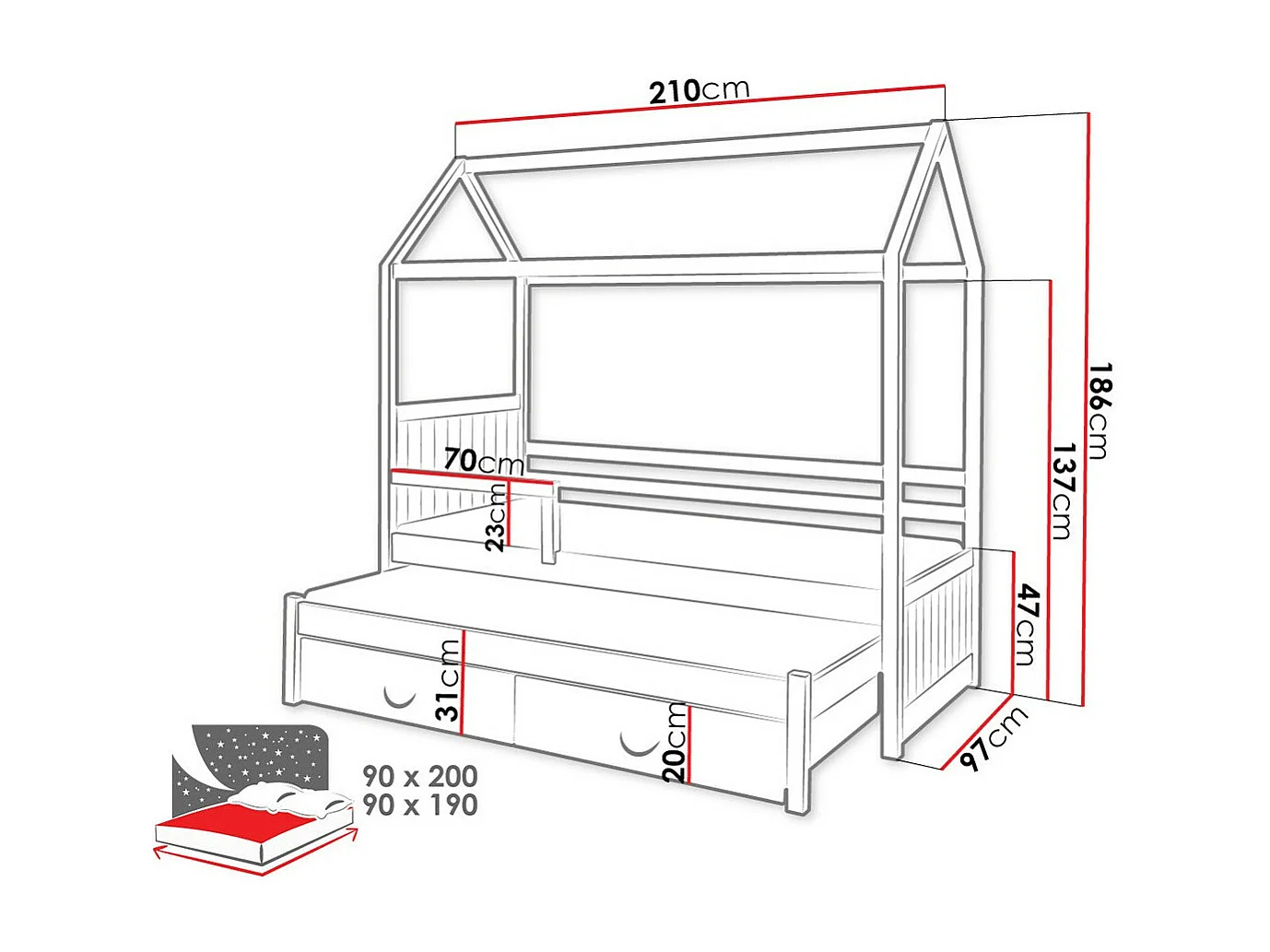 Lit Henderson 131, Simple avec un lit gigogne supplémentaire, Blanc, 90x190|90x200, Bois