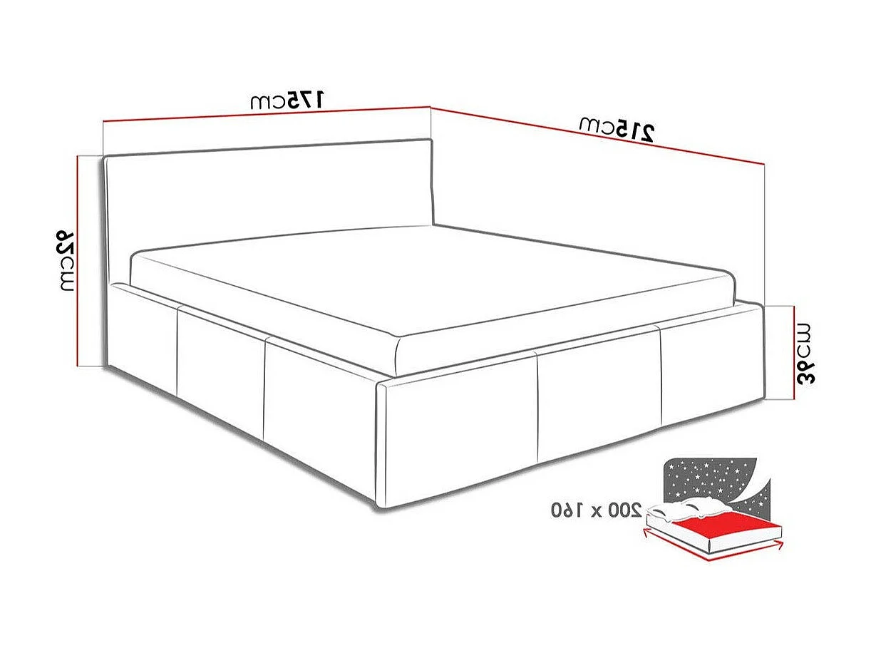 Cama Tivdalu 123, Doble, Negro, 160x200, Cuero ecológico, Somieres, 175x215x92cm