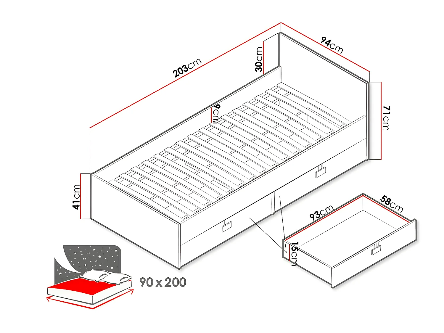 Cama Florevi 106, Individuales, De color marrón claro, 90x200, Aglomerado laminado, 93cm