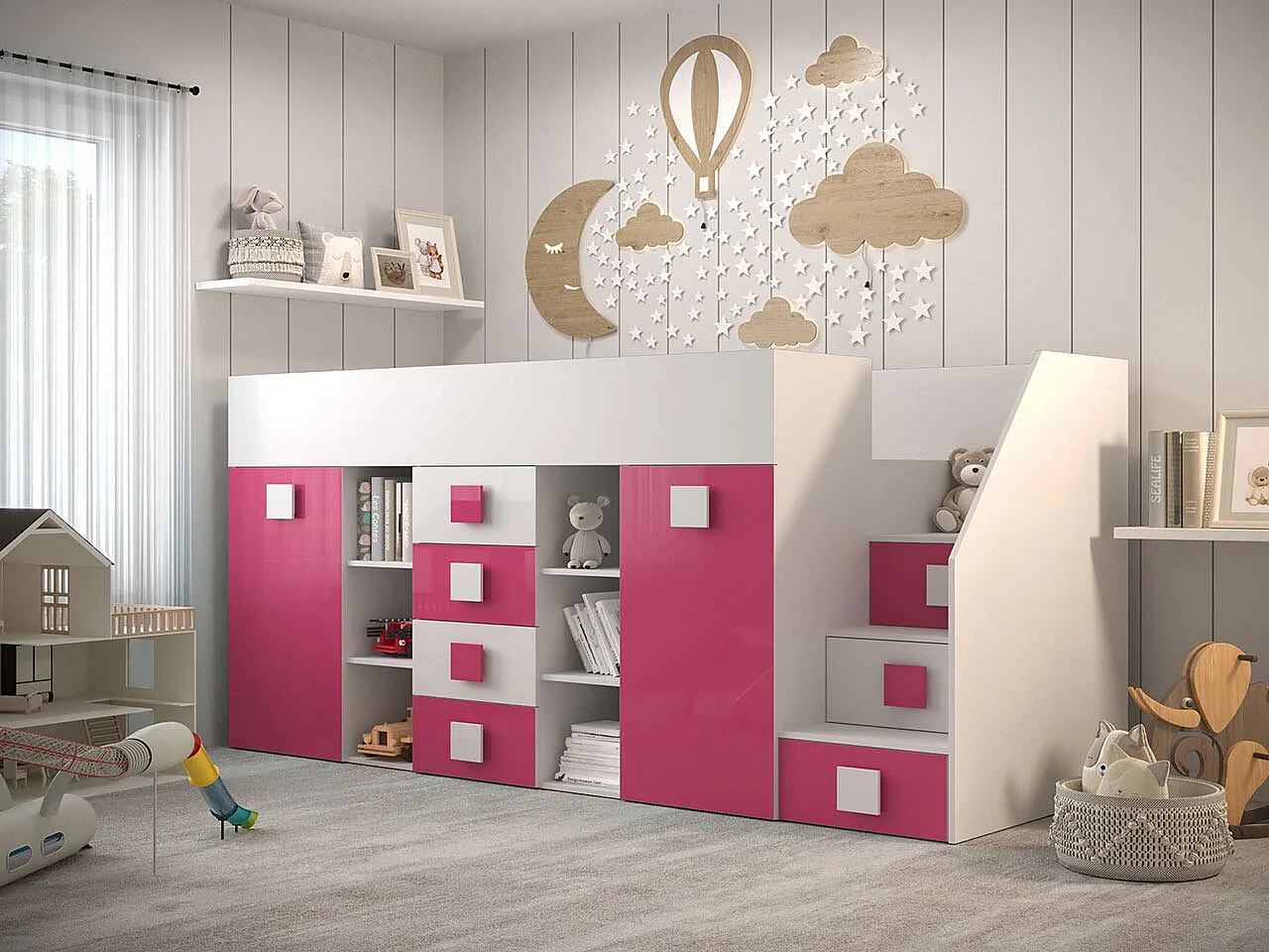 Lit haut Hartford 366, Unique, Rose, 90x200, Stratifié, Sommier à lattes, 94x249x124cm