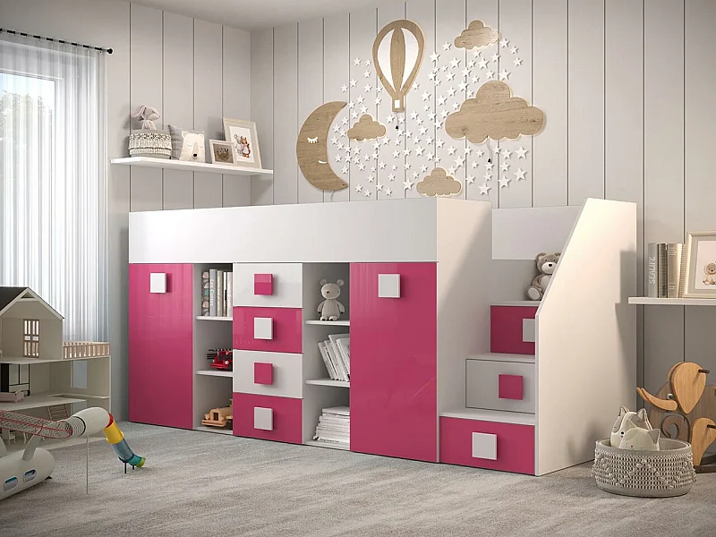 Lit haut Hartford 366, Unique, Rose, 90x200, Stratifié, Sommier à lattes, 94x249x124cm