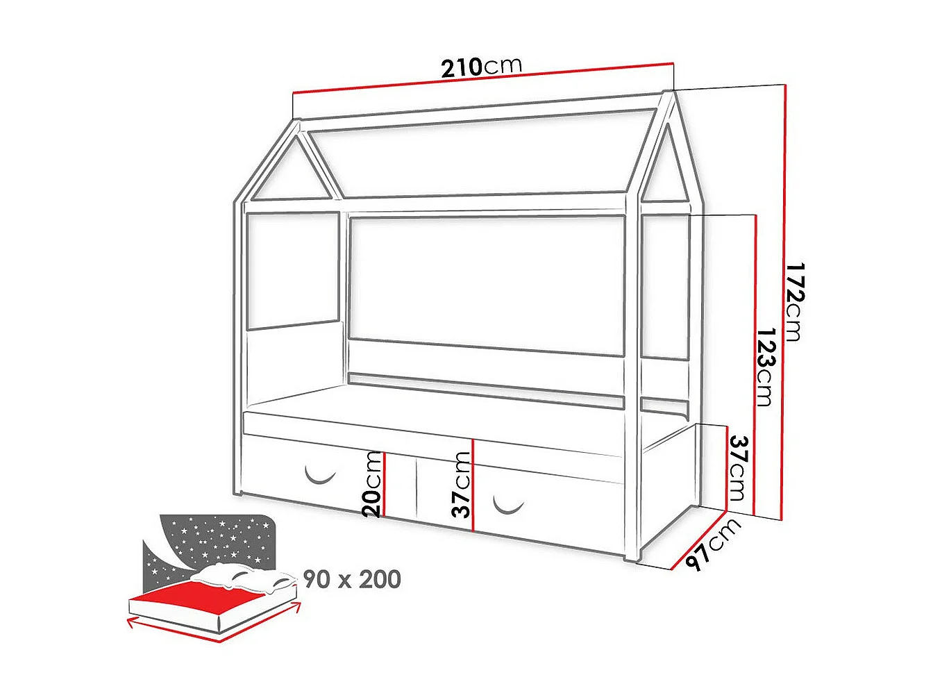 Cama Henderson 133, Individuales, Blanco, 90x200, Madera, Somieres, 90x200x172cm