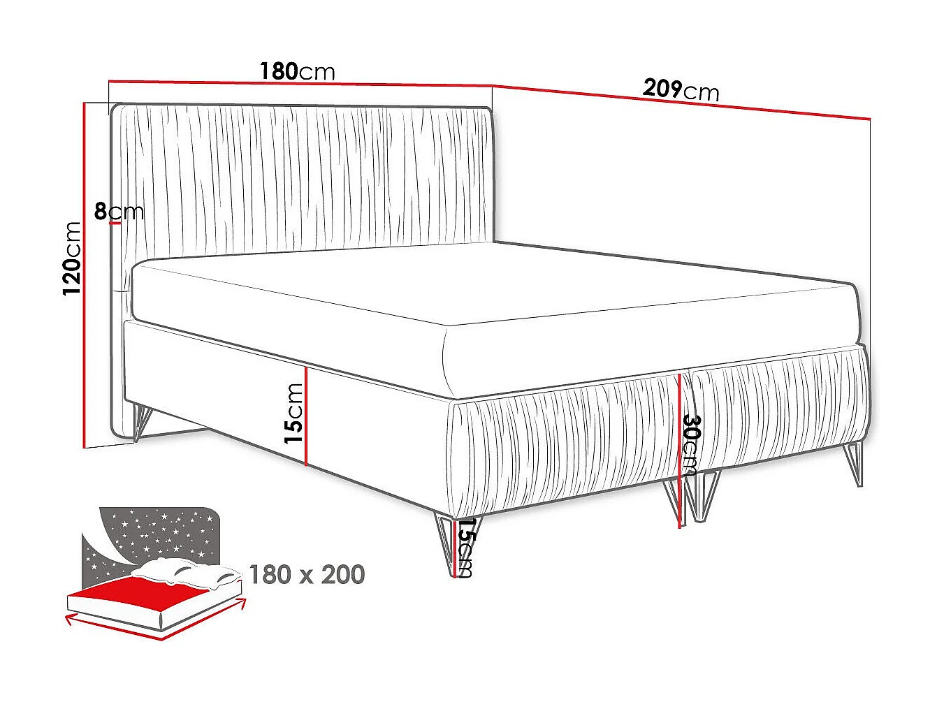 Letto continentale Logan 112, Doppio, Nocciola, 180x200, Arazzo, Con, 180x209x120cm