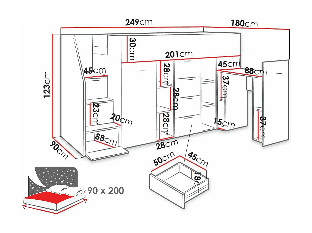 Cama alta Hartford 364, Individual, Cinzento, Estrados de cama