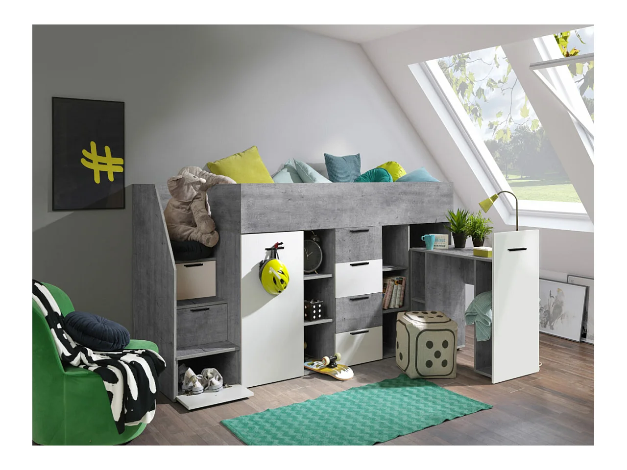 Lit haut Hartford 364, Unique, Gris, 90x200, Stratifié, Sommier à lattes, 180x249x123cm