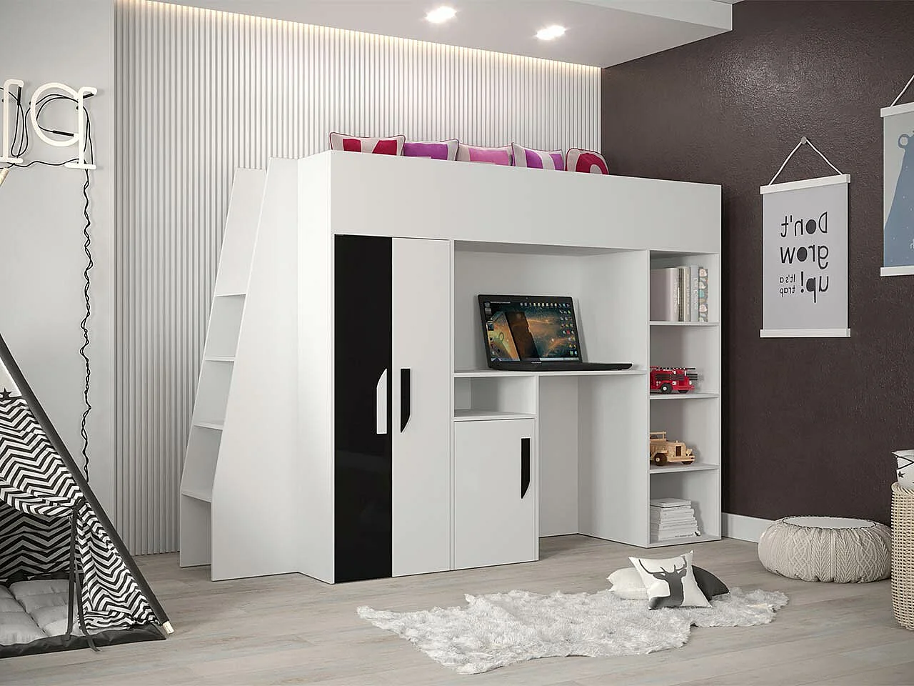 Lit haut Hartford 355, Unique, Blanc, 90x200, Stratifié, Sommier à lattes, 94x230x165cm