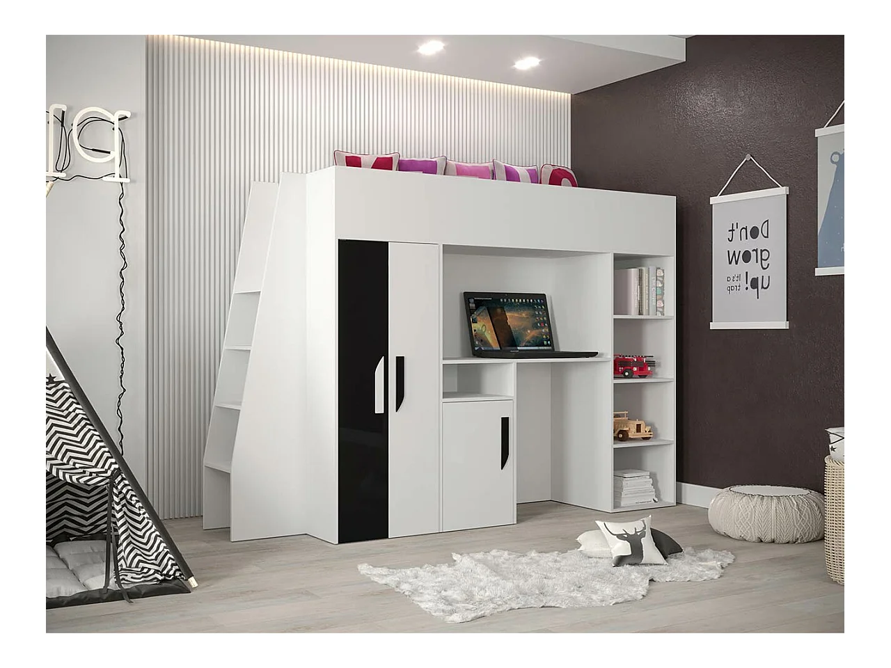 Letto alto Hartford 355, Singolo, Bianco, 90x200, Truciolare laminato, Reti a doghe, 94cm