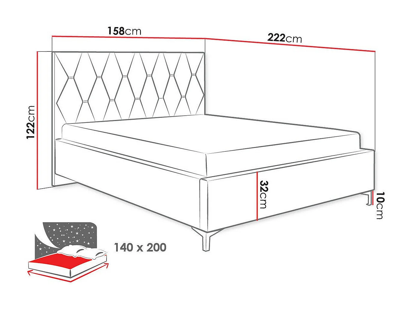 Lit Baltimore 192, Double, Gris, 140x200, Tapisserie, Sommier à lattes, 158x222x122cm