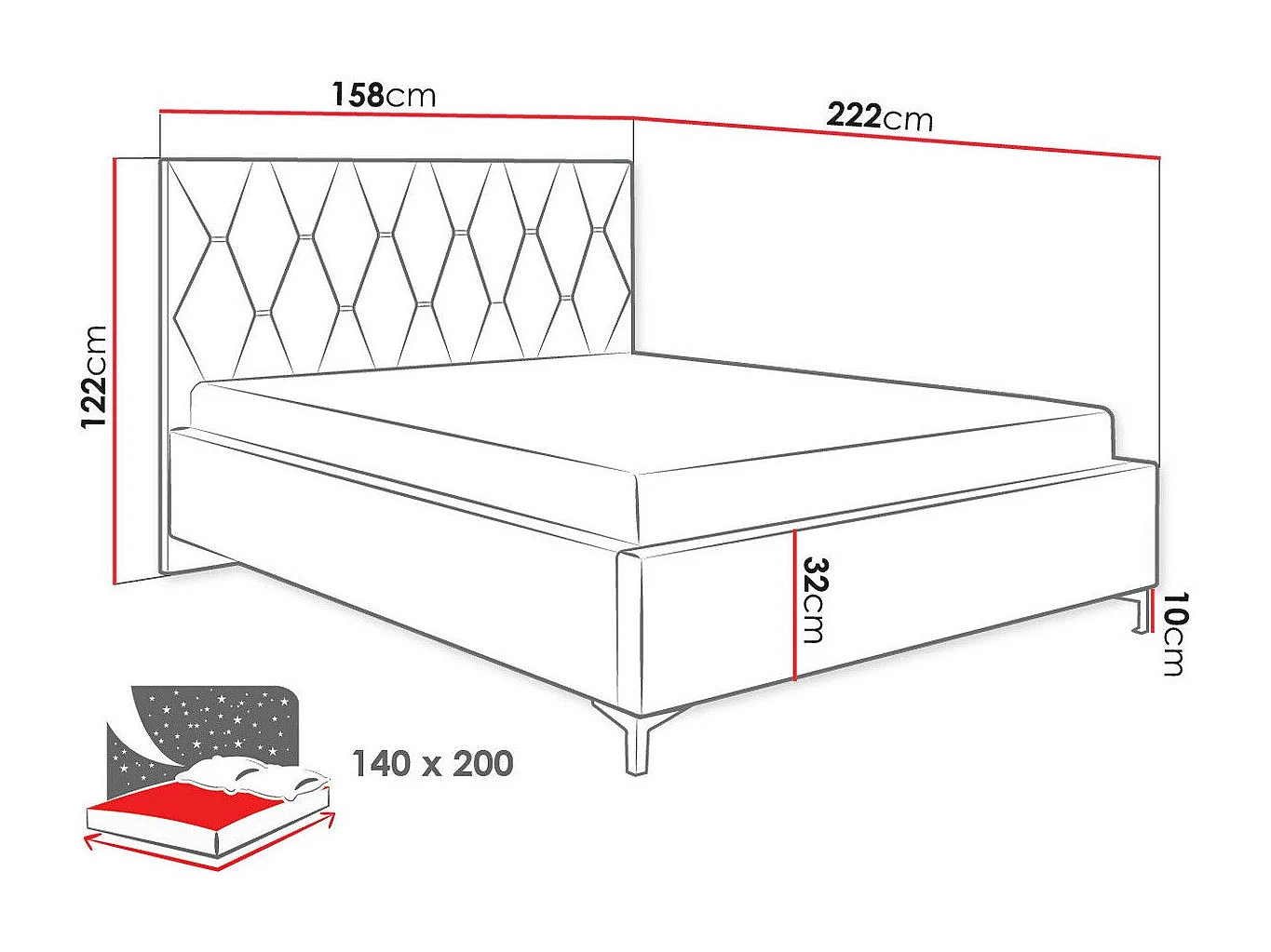 Cama Baltimore 192, Doble, Gris, 140x200, Tapiz, Somieres, 158x222x122cm