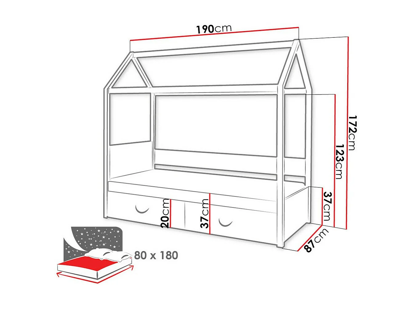 Cama Henderson 133, Individuales, Blanco, 80x180, Madera, Somieres, 87x190x172cm