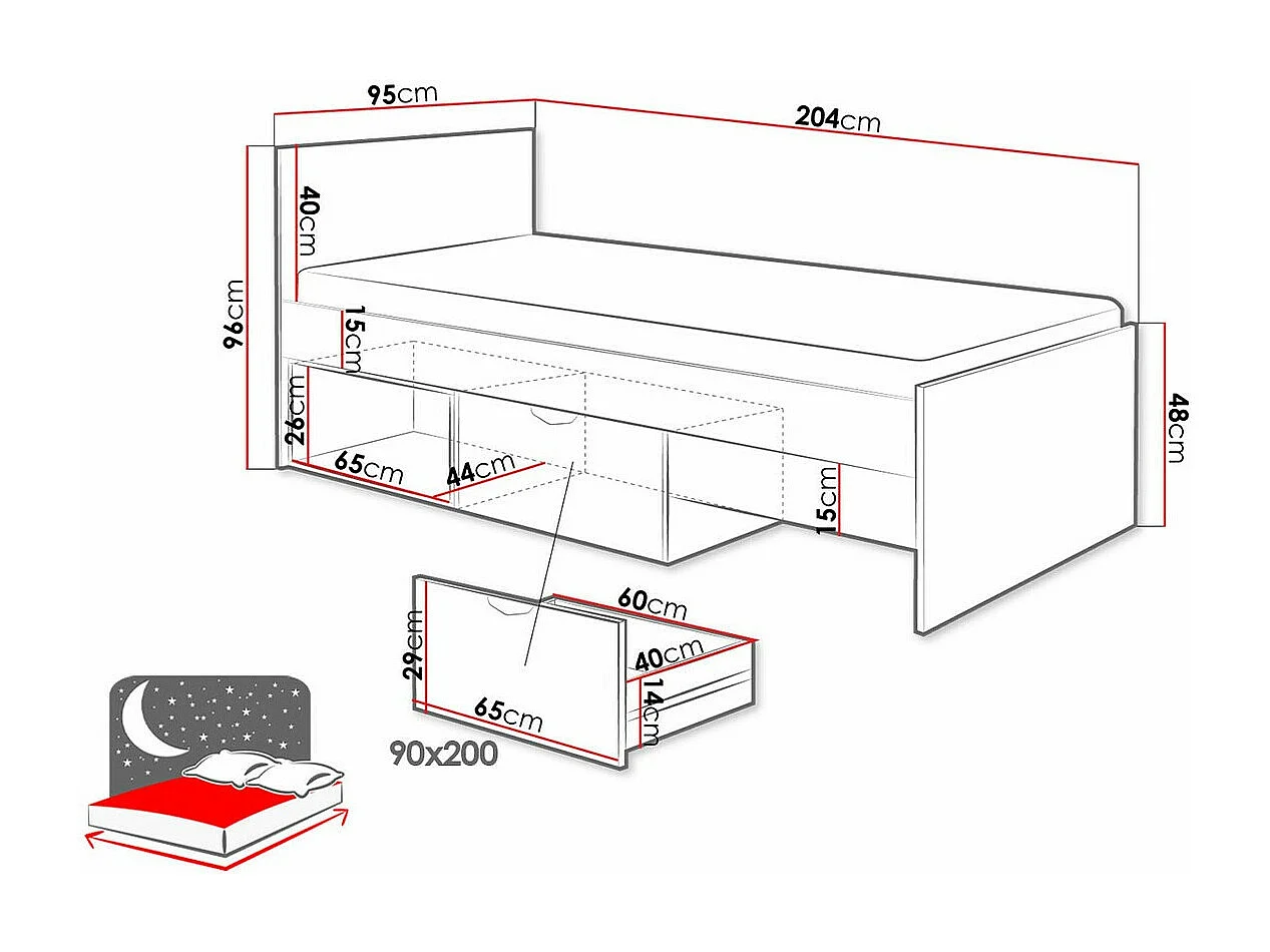 Cama Domvera 114, Individuales, Blanco, 90x200, Aglomerado laminado, Somieres, 95x204cm