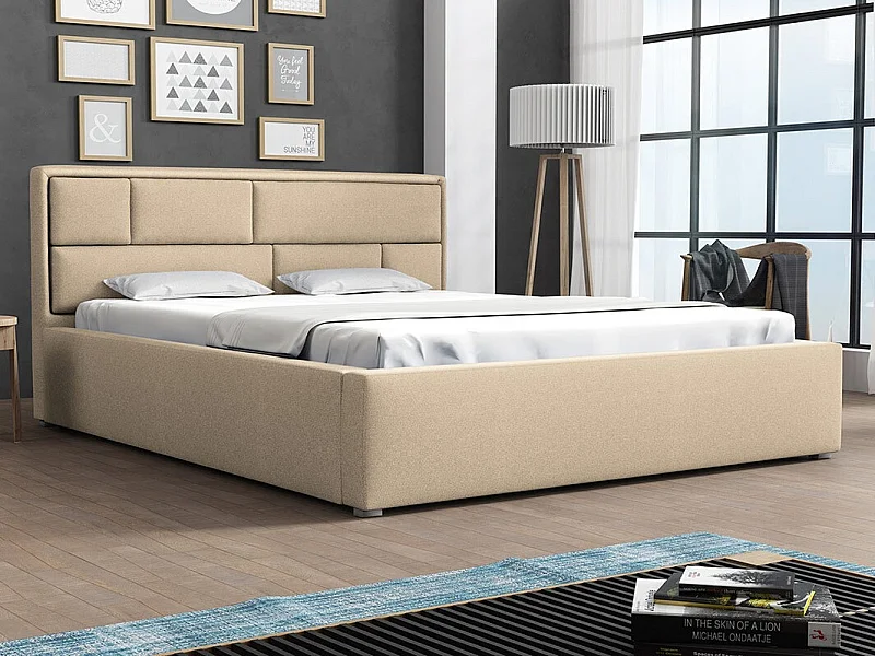 Cama Pomona 104, Doble, De color marrón claro, 180x200, Tapiz, Somieres, 200x223x93cm