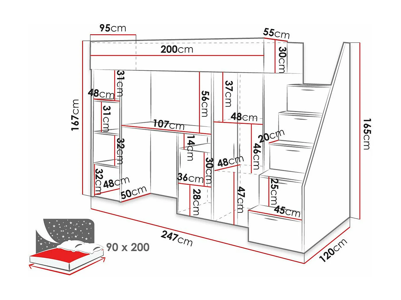 Litera Hartford 365, Individuales, Gris, 90x200, Aglomerado laminado, Somieres, 120x247cm