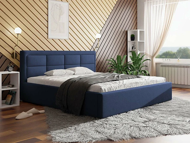 Cama Pomona 102, Doble, Azul, 200x200, Tapiz, Somieres, 220x223x93cm