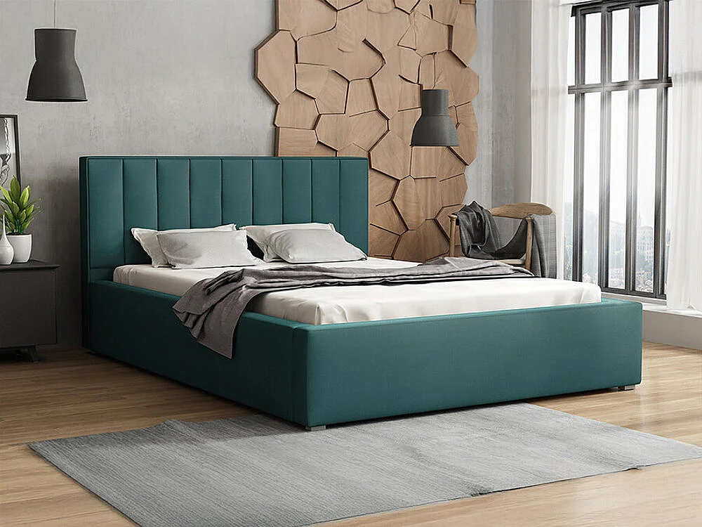 Cama Pomona 109, Doble, Turquesa, 200x200, Tapiz, Somieres, 220x223x93cm