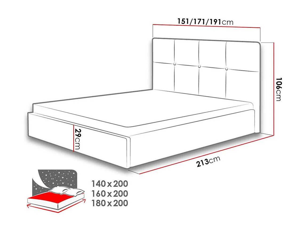 Lit ComfiDream 130, Double, Gris, 140x200, Tissu, Disponible, 151x213x106cm