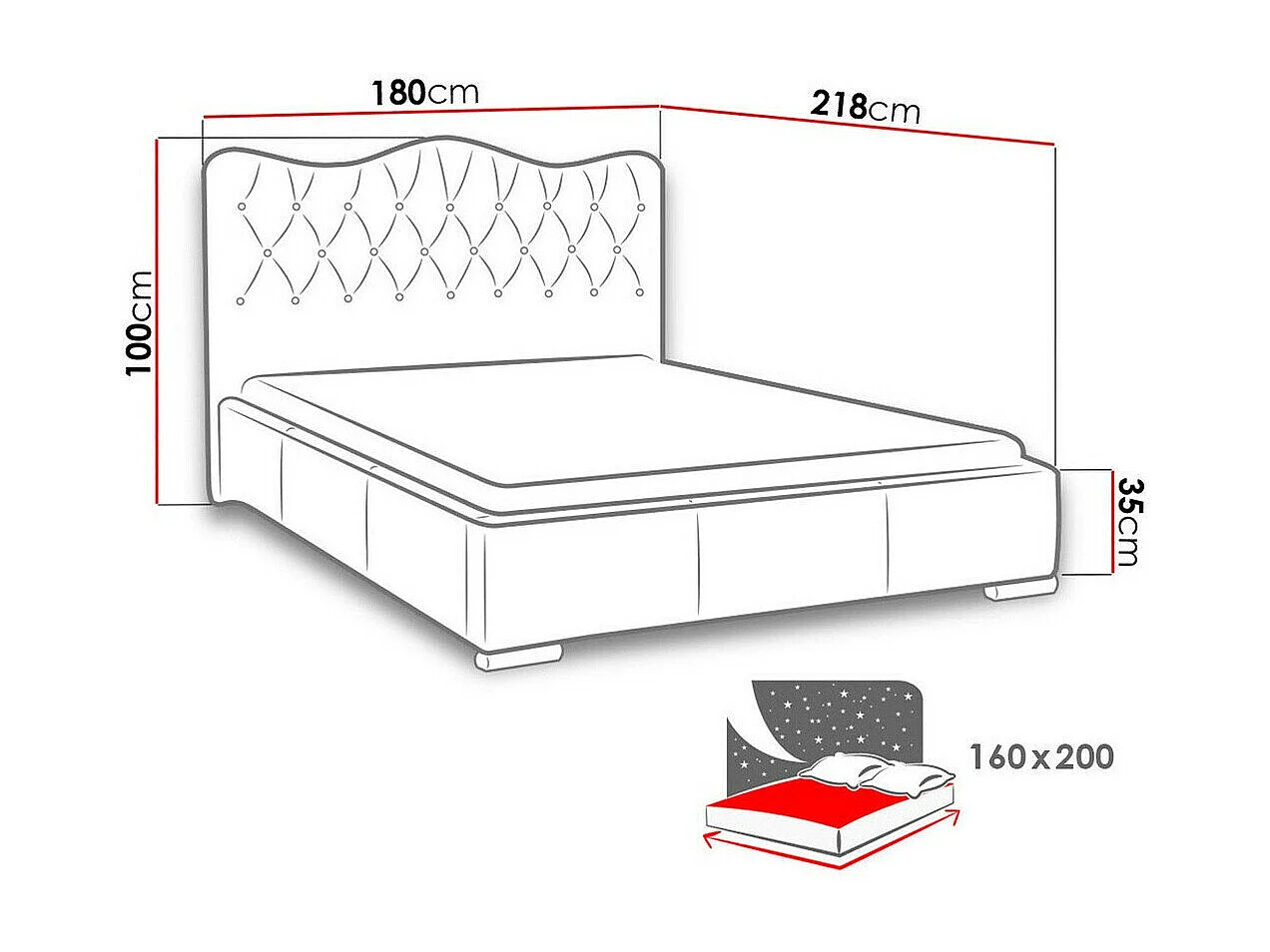 Cama Baltimore 141, Doble, Rojo, Tapiz, Somieres, 180x218x100cm