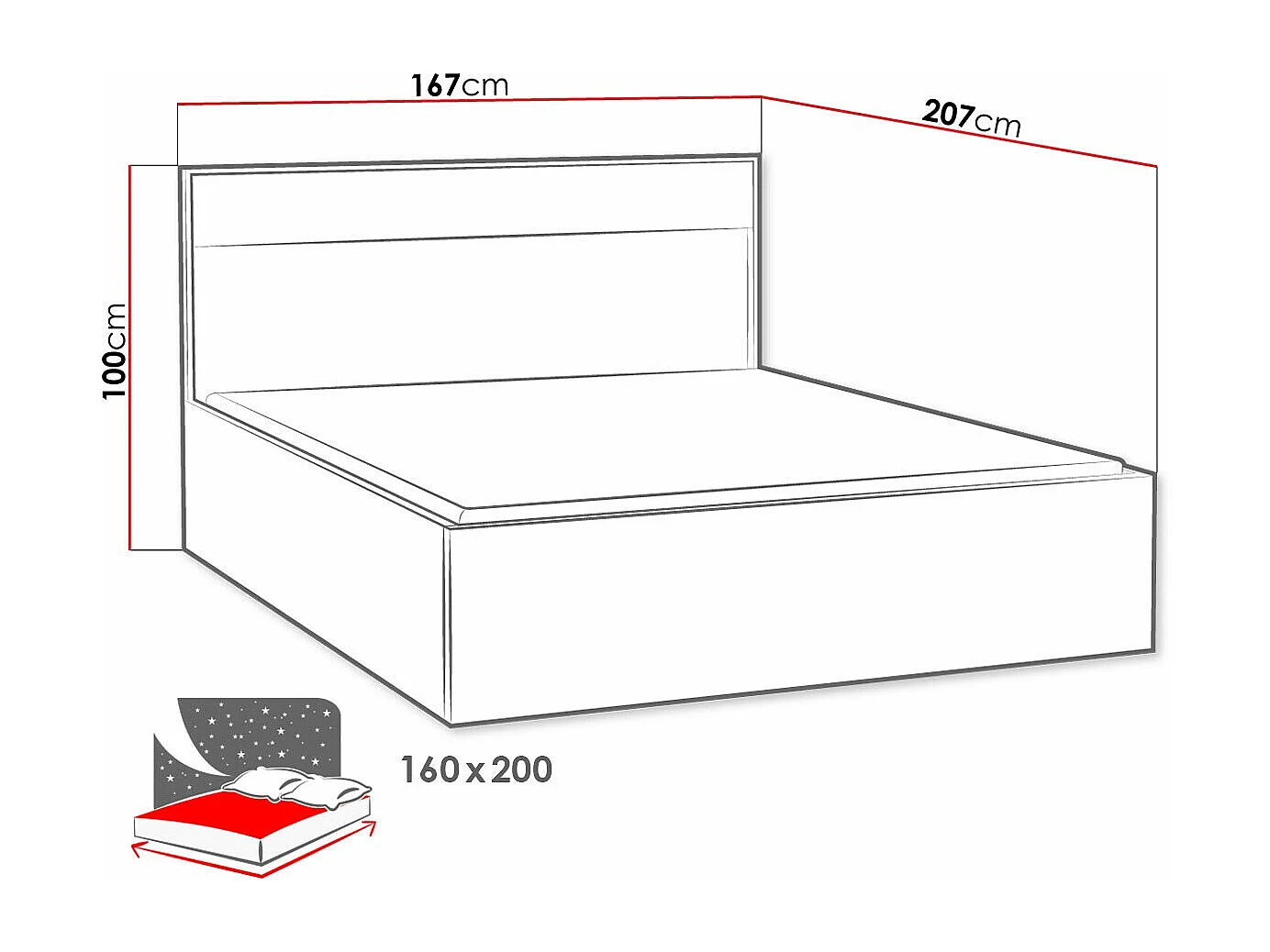 Lit Etrmoni 113, Double, Brun clair, 160x200, Stratifié, Disponible, 167x207x100cm