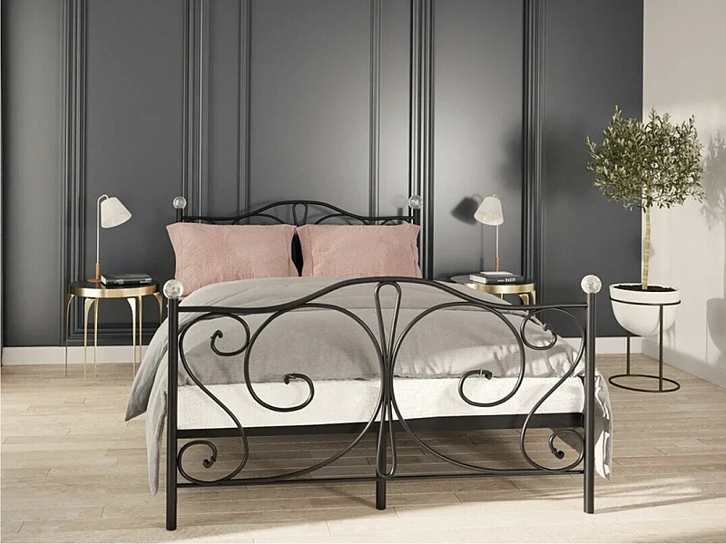 Lit Elmira 101, Double, Noir, 140x200, Métal, Sommier à lattes, 145x207x104cm