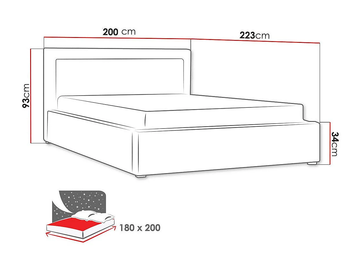 Lit Pomona 102, Double, Gris, 180x200, Tapisserie, Sommier à lattes, 200x223x93cm