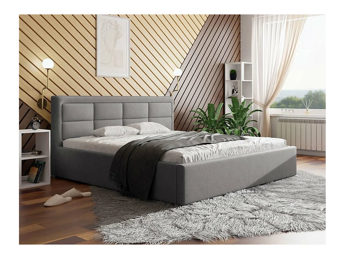 Lit Pomona 102, Double, Gris, 180x200, Tapisserie, Sommier à lattes, 200x223x93cm