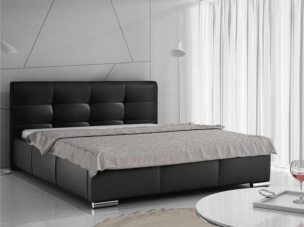 Cama Baltimore 108, Doble, Negro, 180x200, Cuero ecológico, Somieres, 198x222x100cm