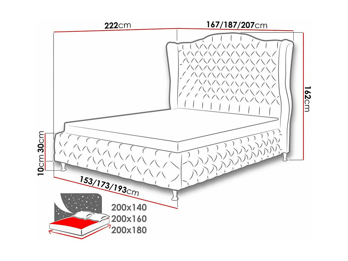 Cama Florence 102, Casal, Cinzento, Tecido, 17x22x16cm