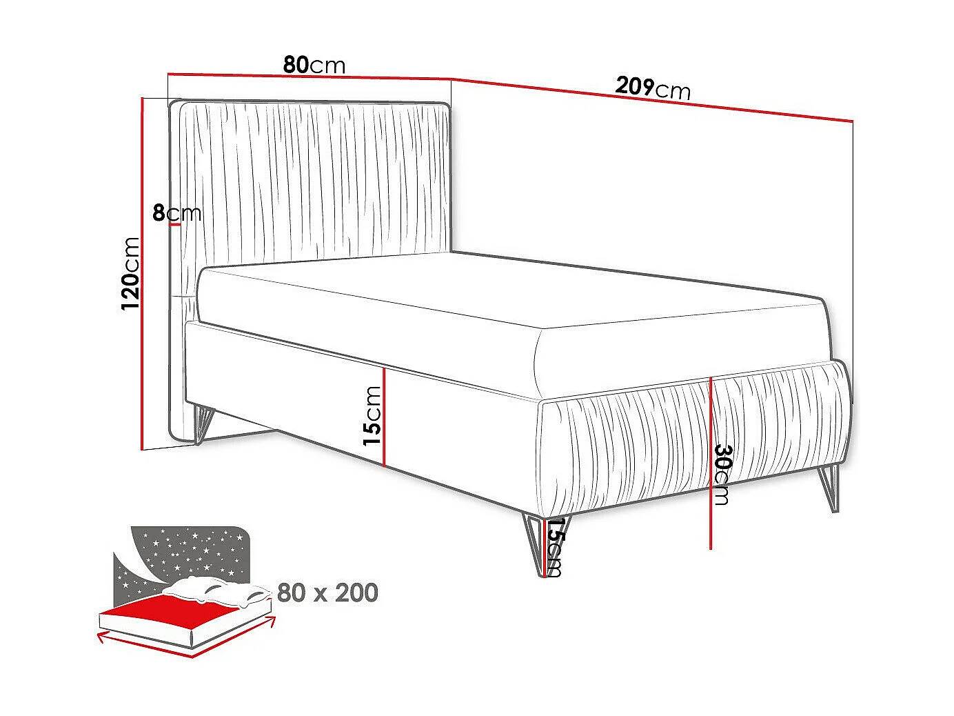 Cama Logan 112, Individuales, Gris, 80x200, Tapiz, Somieres, 80x209x120cm